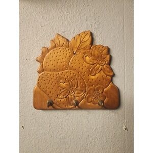 Vintage Wooden Strawberry Wall Hanging Key Holder, 3 Key Hooks MCM Gallery Wall